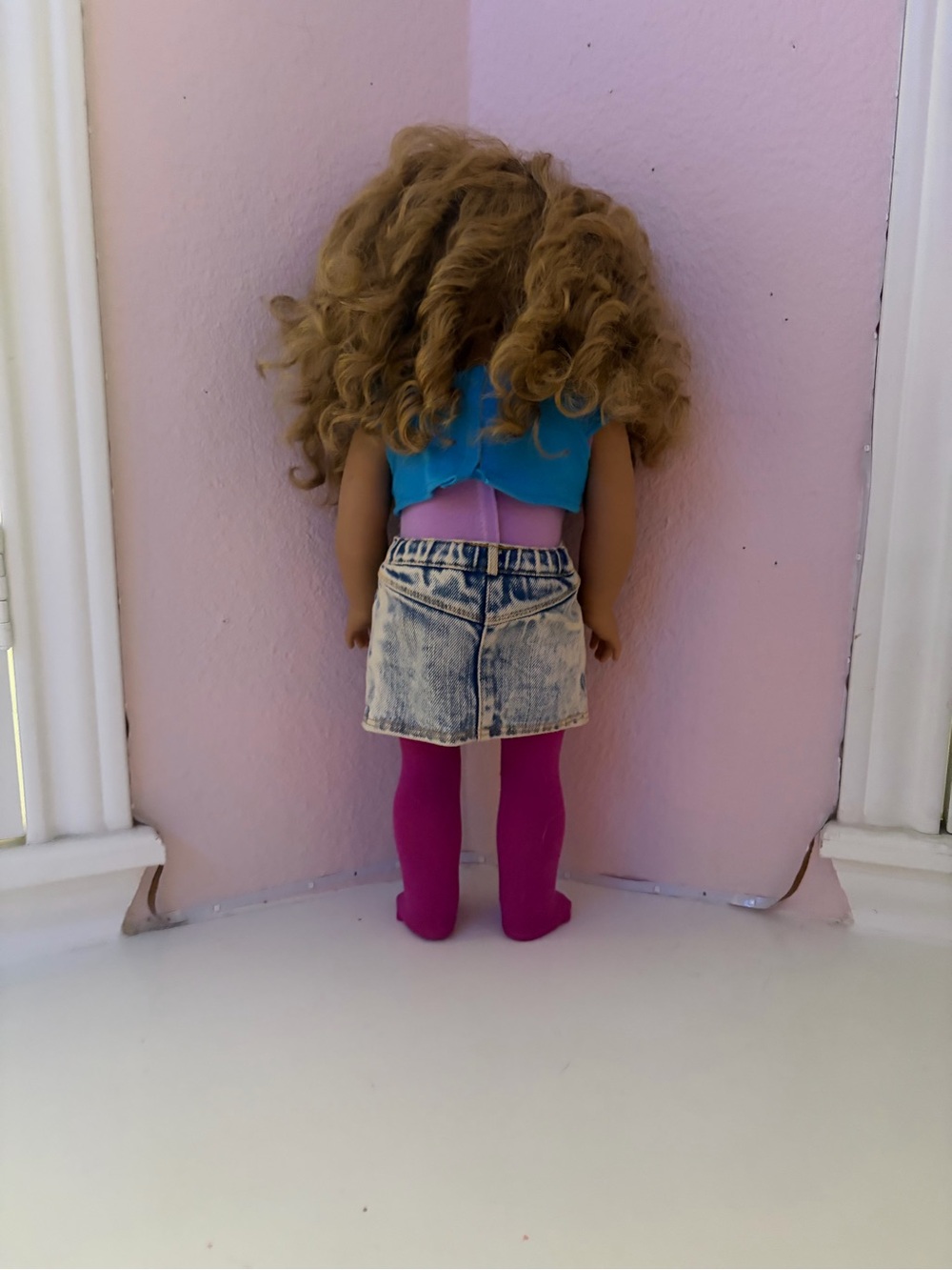 American Girl Blonde Curly Hair Doll in Blue Top and Pink Tights